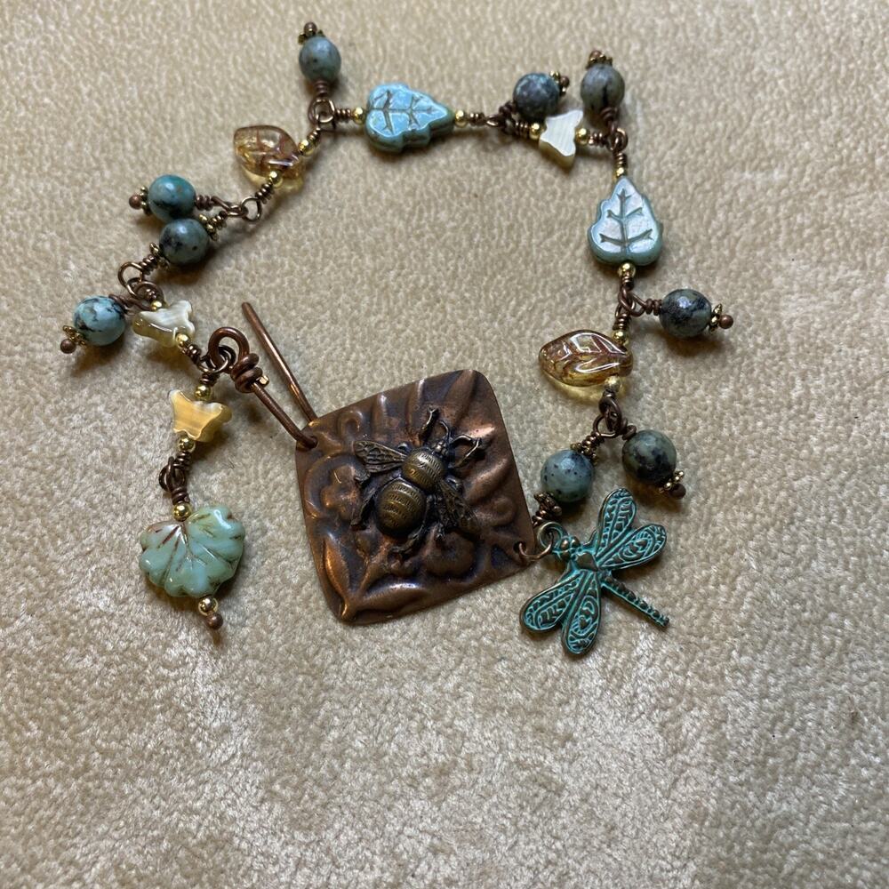 Artisan Copper Bee Turquoise Czech Glass Pearlized Beads Link Bracelet Dragonfly